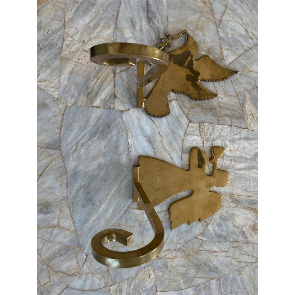 Vintage Solid Brass Christmas Stocking Holders Set of 2 Angel and Dove Gold